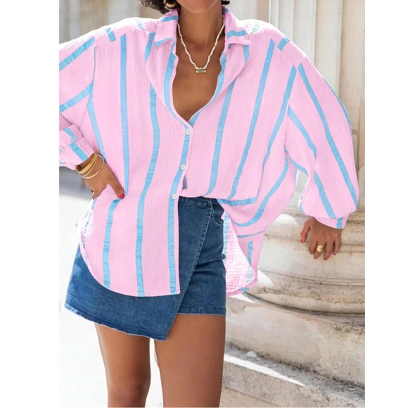 Pink with Blue Stripes Oversized Button Down Shirt Long Sleeve - Picture 5 of 7